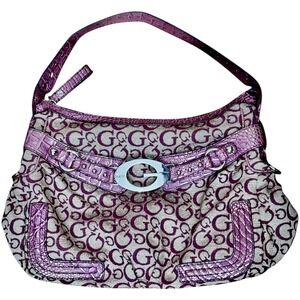 Guess Y2K Purple Monogram Shoulder Bag Croc Trim Silver Logo Zip Hobo Purse